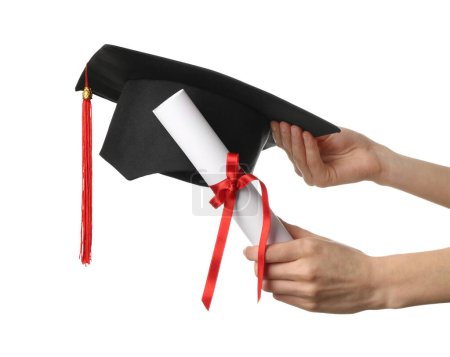 Photo for Female hands with graduation hat and diploma on white background - Royalty Free Image