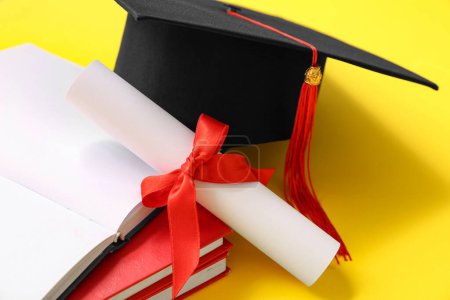Photo for Graduation hat with diploma and notebooks on yellow background - Royalty Free Image