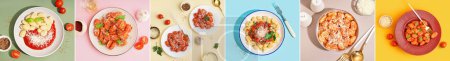 Collage de gnocchis savoureux avec sauce tomate et fromage sur fond de couleur