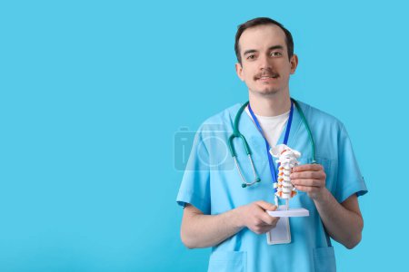 Médico masculino con modelo de columna vertebral sobre fondo azul