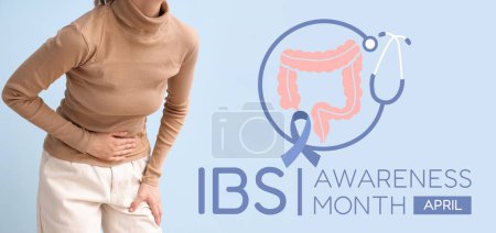Awareness banner for Irritable Bowel Syndrome Month with ill woman