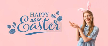 Photo for Festive banner for Happy Easter with young woman in bunny ears - Royalty Free Image