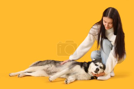 Beautiful young woman with Husky dog on yellow background