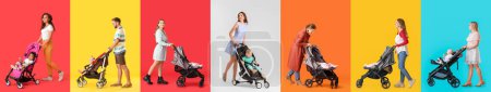 Photo for Set of parents and their babies in strollers on color background - Royalty Free Image