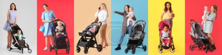 Photo for Collage of women and their babies in strollers on color background - Royalty Free Image