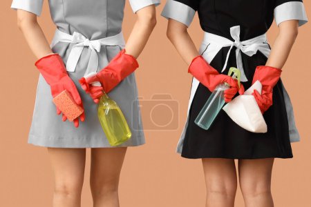 Young chambermaids with cleaning supplies on brown background, back view