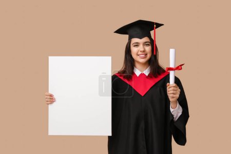 Photo for Happy female graduating student with diploma and blank poster on beige background - Royalty Free Image