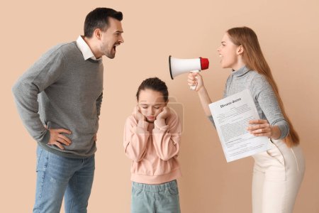 Sad little girl and her parents getting divorce on beige background