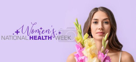 Retrato de mujer joven con ramo de flores de gladiolo sobre fondo lila. Banner para la Semana Nacional de la Salud de la Mujer