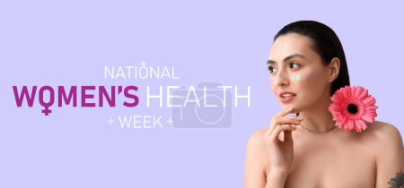 Mujer con maquillaje creativo y flor de gerberas sobre fondo lila. Banner para la Semana Nacional de la Salud de la Mujer
