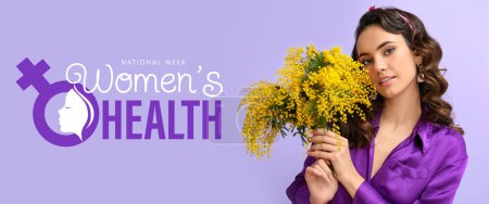 Beautiful young woman with bouquet of mimosa flowers on lilac background. Banner for National Women's Health Week