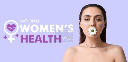 Frau mit kreativem Make-up und Blume auf fliederfarbenem Hintergrund. Banner für die Nationale Woche der Frauengesundheit