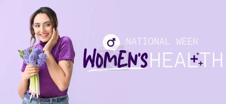 Pretty young woman with hyacinth flowers on lilac background. Banner for National Women's Health Week