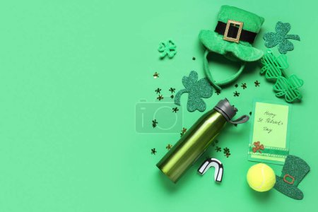Sports equipment and decorations for St. Patrick's Day celebration on green background