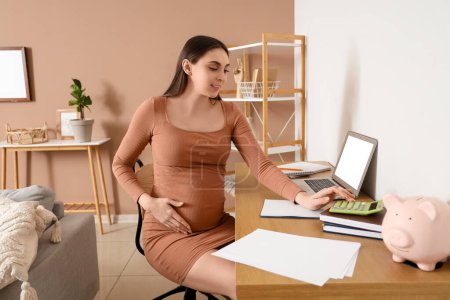 Young pregnant woman using calculator at home. Maternity Benefit concept