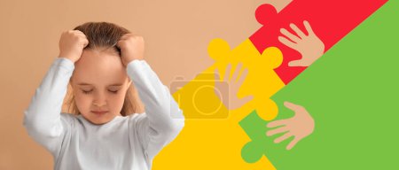 Photo for Sad little girl with autistic disorder on color background with space for text - Royalty Free Image