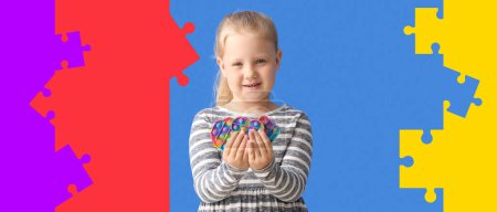 Photo for Little girl with autistic disorder holding pop it fidget toys on color background - Royalty Free Image