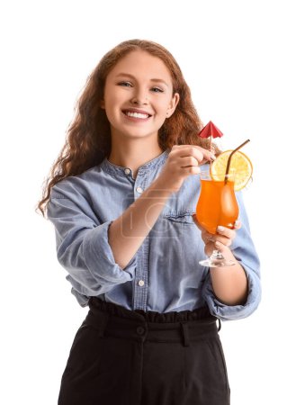 Female bartender with cocktail on white background