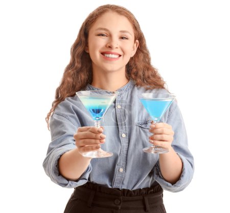 Female bartender with cocktails on white background