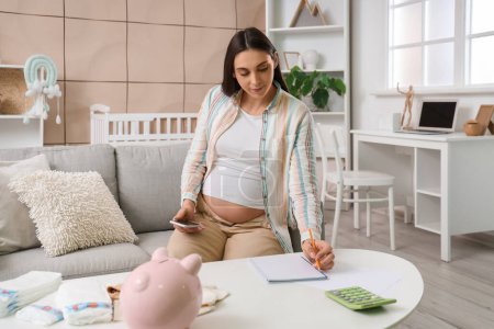 Young pregnant woman with mobile phone filing for Maternity Benefit at home