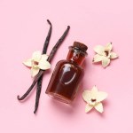 Vanilla extract in bottle with vanilla pods and flowers on pink background. Top view