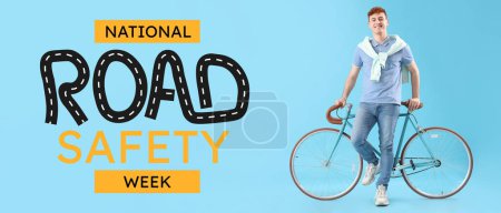 Junger rothaariger Mann mit Fahrrad auf hellblauem Hintergrund. Banner für die Nationale Woche der Verkehrssicherheit