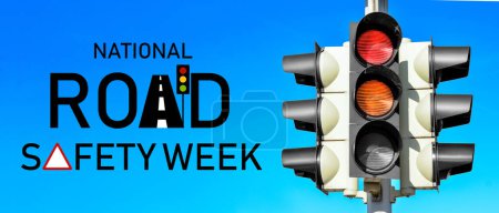 Street traffic control lights against blue sky. Banner for National Road Safety Week