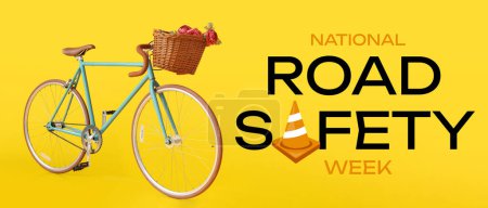 Modernes Fahrrad auf gelbem Hintergrund. Banner für die Nationale Woche der Verkehrssicherheit