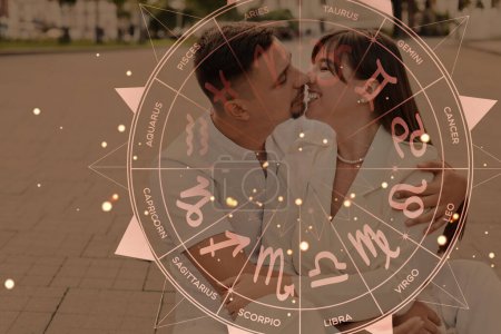 Téléchargez les photos : Jeune couple embrassant à l'extérieur. Horoscope de compatibilité amoureuse. Correspondance des partenaires par date de naissance - en image libre de droit