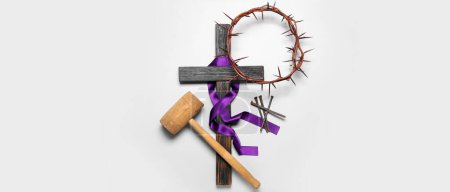 Cross, nails, hammer and crown of thorns on light background. Good Friday concept