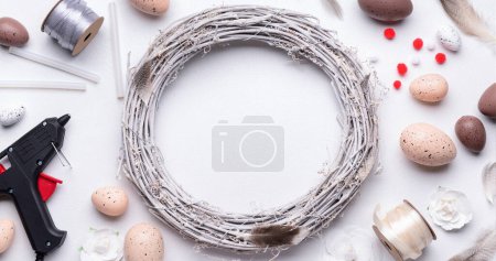 Photo for Items for making Easter wreath on white background, top view - Royalty Free Image