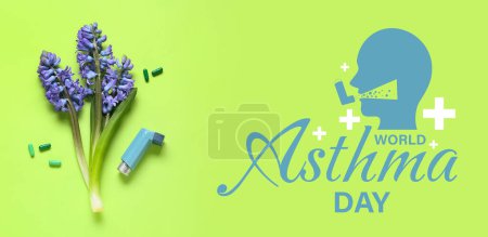 Bannière pour la Journée mondiale de l'asthme avec des fleurs et des médicaments
