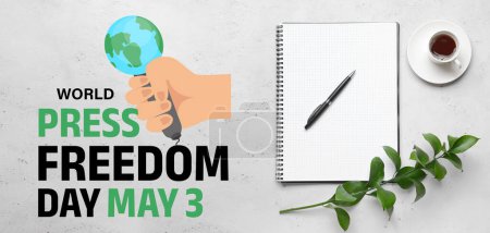Notebook with pen and coffee on light background. Banner for World Press Freedom Day 