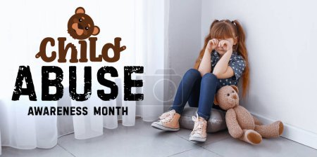 Awareness banner for National Child Abuse Prevention Month with crying little girl sitting in corner