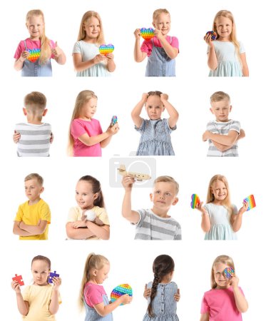 Foto de Conjunto de niños pequeños con autismo sobre fondo blanco - Imagen libre de derechos