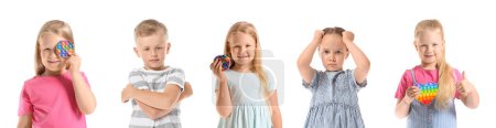 Foto de Conjunto de niños pequeños con autismo sobre fondo blanco - Imagen libre de derechos
