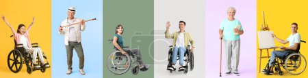 Set of different happy people with disabilities on color background
