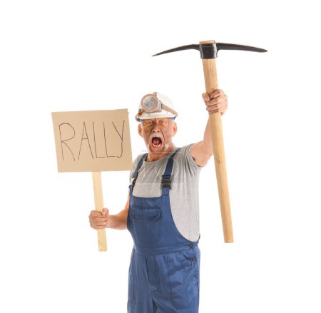 Photo for Protesting miner man with pick axe and placard on white background - Royalty Free Image