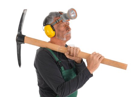 Photo for Mature miner man with pick axe on white background - Royalty Free Image