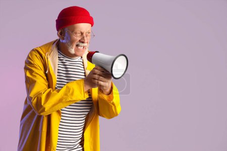 Photo for Mature sailor shouting into megaphone on grey background - Royalty Free Image