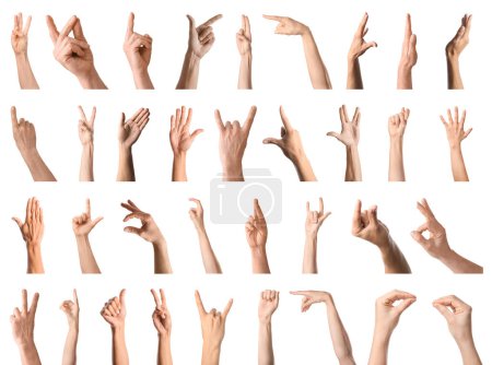 Set of hands using sign language on white background