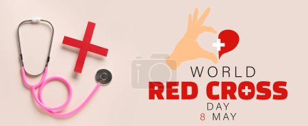 Stethoscope and cross on light background. Banner for World Red Cross Day