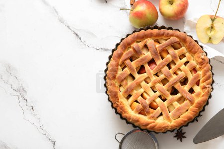 Leckerer hausgemachter Apfelkuchen mit Früchten, Sieb und Spachtel auf weißem Grunge-Hintergrund