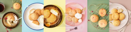 Collage of tasty choux pastry on color background, top view
