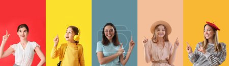 Photo for Set of girls with raised index fingers on color background - Royalty Free Image