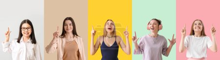 Photo for Collage of girls with raised index fingers on color background - Royalty Free Image