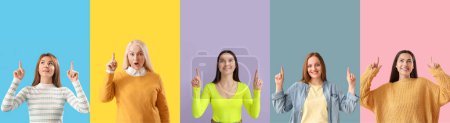 Photo for Collage of women with raised index fingers on color background - Royalty Free Image