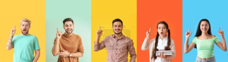 Foto de Collage de personas con dedos índice elevados sobre fondo de color - Imagen libre de derechos