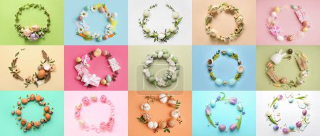 Photo for Collage with many beautiful Easter wreaths on color background - Royalty Free Image