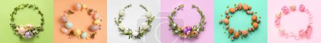 Photo for Collage with beautiful Easter wreaths on color background - Royalty Free Image